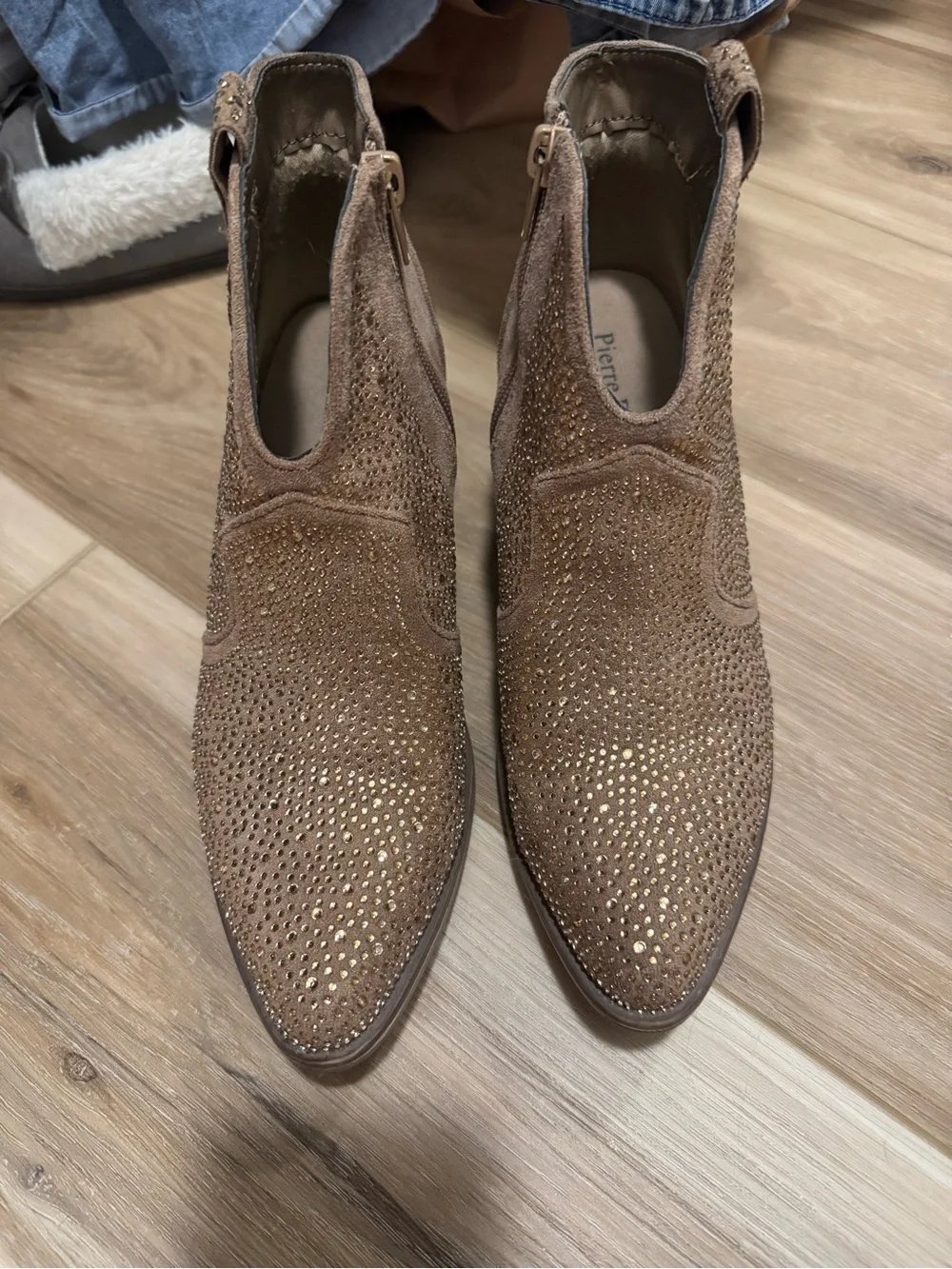 Pierre Dumas Brown Suede Ankle Booties with Gold Stud Accents